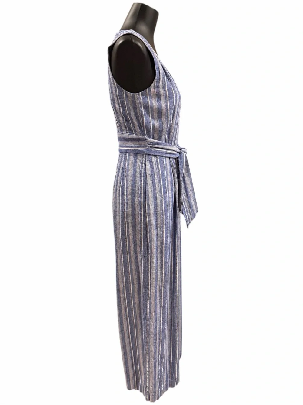 Classy Calvin Klein Linen Blend Belted Sleeveless Blue Stripe Jumpsuit Size 4